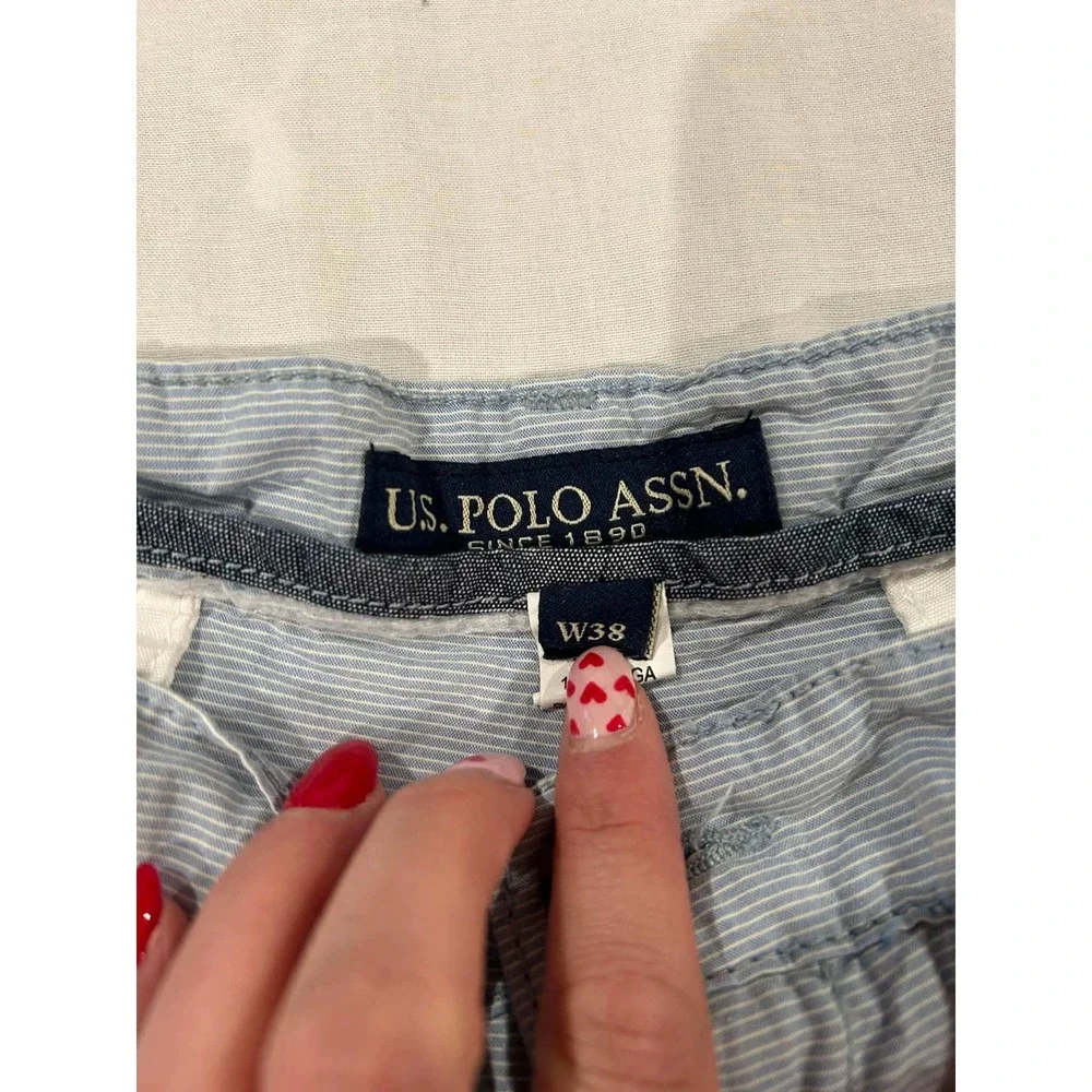 US Polo Assn Mens‎ Blue White Striped Chino Shorts Size 38 Flat Front Casual